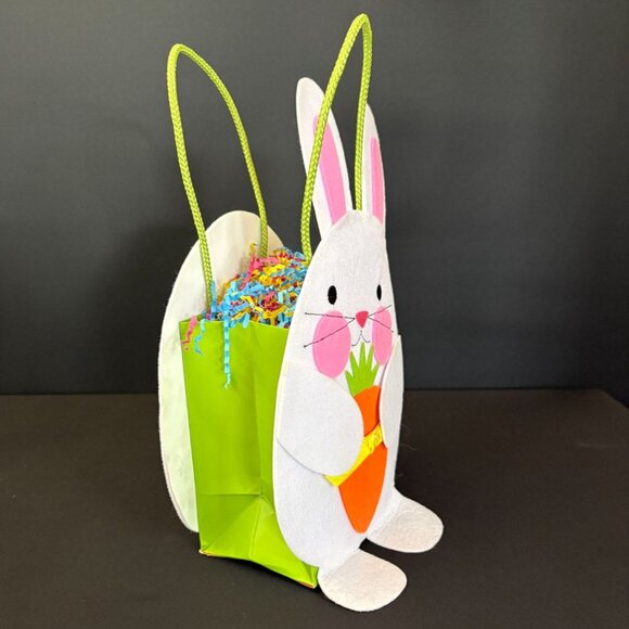 Easter Bunny Felt Gift Bag Basket Papyrus White Green Pink Carrot Egg Hunt Favor - Picture 2 of 7
